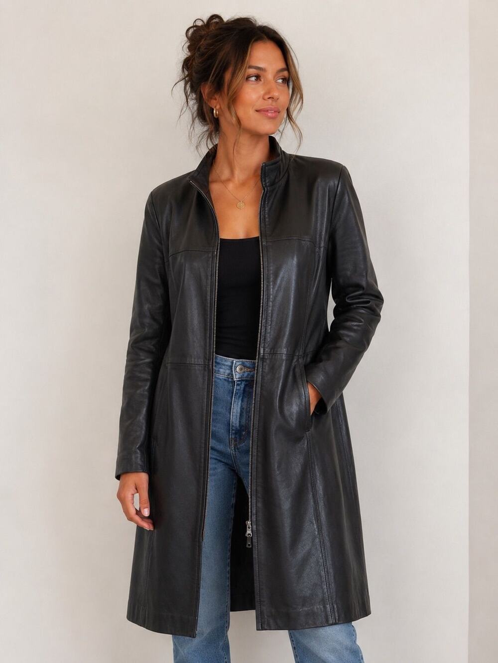 Peleteria Solsona Long Black Leather Coat 48
